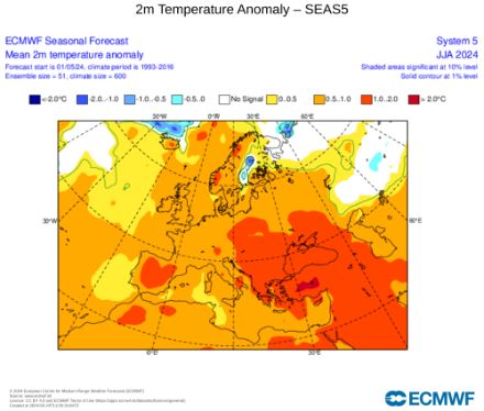 Prévision de l’anomalie moyenne de température (en °C) pour l’été 2024 (juin, juillet, août) par rapport à la moyenne 1993-2016 sur la même période. 