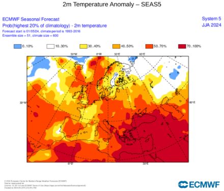 Prévision de la probabilité que la température moyenne de l’été 2024 (juin, juillet, août) soit parmi les 20 % des étés les plus chauds, par rapport à la moyenne 1993-2016. 