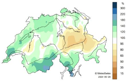 Carte de la Suisse montrant les précipitations en mai 2024.