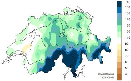 Carte de la Suisse concernant les précipitations durant le printemps 2024.