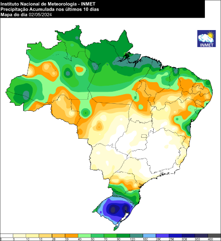 Figure 2 : cumul de précipitations des derniers jours (du 22 avril au 2 mai) au Brésil en millimètre.