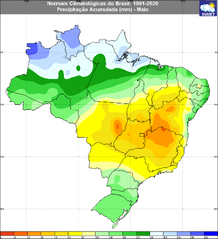 Figure 3 : moyenne climatologique des précipitations mensuelles pour le mois de mai au Brésil en millimètre. 