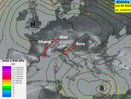 Figure 1 : situation synoptique sur l’Europe prévue pour le 09 mai 2024 à 12 UTC. Les contours noirs représentent la hauteur du géopotentiel à 850 hPa, ce qui peut être interprété comme la distribution de la pression vers 1500 m. Les flèches représentent la direction et la vitesse du vent à cette même altitude. Le H représente le centre de la haute pression et le B celui de la basse pression. Source : modèle IFS du ECMWF, run du 07 mai à 06 UTC.