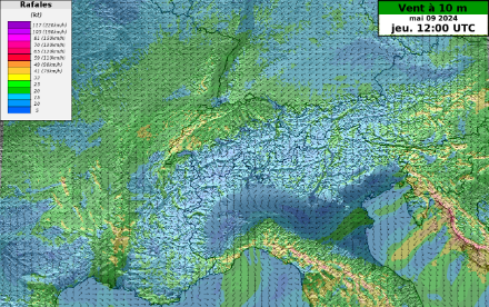 Figure 2 : prévision du vent à 10 m pour le 09 mai à 12 UTC. Les flèches représentent la direction du vent et les couleurs la force des rafales. Source : modèle ICON-CH2-EPS, run du 07 mai à 06 UTC.