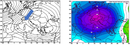 Géopotentiel moyen [gpm] à 850 hPa (env. 1500 m au-dessus du niveau de la mer) entre le 25 janvier 1963 et le 3 février 1963 en Europe (à gauche) et écart moyen de température [°C] à 850 hPa (à droite) durant la même période selon l'outil de réanalyse https://psl.noaa.gov/data/composites/day/. En Suisse, les vents de nord-est étaient prédominants (flèche bleue à gauche), amenant de l'air très froid. Les températures en Suisse étaient inférieures d'environ 10 °C à la moyenne pluriannuelle de la période du 25 janvier au 3 février.