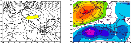 Géopotentiel moyen [gpm] à 850 hPa (env. 1500 m au-dessus du niveau de la mer) entre le 20 juin 1976 et le 30 juin 1976 en Europe (à gauche) et écart moyen de température [°C] à 850 hPa (à droite) pendant la même période selon l'outil de réanalyse https://psl.noaa.gov/data/composites/day/. En Suisse, les vents d'est étaient prédominants (flèche jaune à gauche), amenant de l'air chaud. Les températures étaient environ 3 °C au-dessus de la moyenne à long terme de la période du 20 juin au 30 juin. Un écart de 3 °C n'est pas particulièrement important, car les masses d'air en provenance de l'est ne sont pas extrêmement chaudes en été, mais l'air était très sec. La bise qui règnait sur le Plateau a donc fortement asséché les sols.