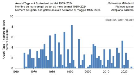 Nombre de jours de gel au sol au mois de mai (1965-2024) Plateau Suisse 