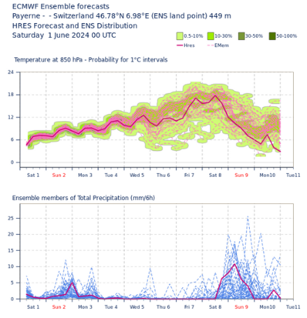 Températures à 850 hPa et précipitations sommées sur 6h prévues pour Payerne