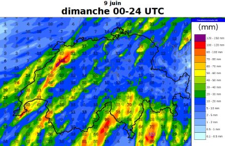Carte des cumuls de précipitations sur 24 heures pour le dimanche 9 juin 2024. Modèle ICON-CH2 Contrôle.