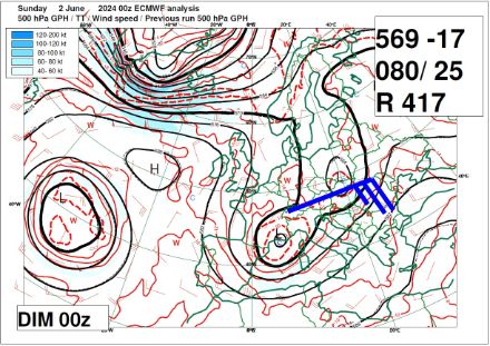 Géopotentiels et températures à 500 hPa (environs 5500 mètres)