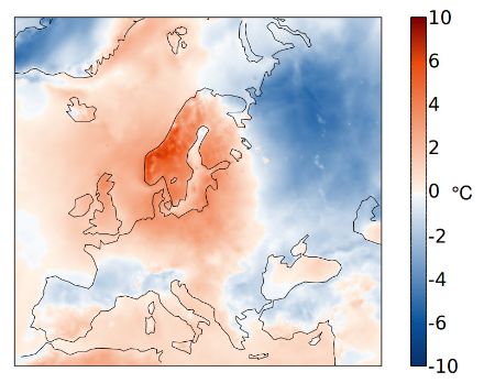 Fig 3: Répartition spatiale des anomalies de température en mai 2024  en Europe Il s’agit de l’écart (en °C) à la norme 1991‒2020