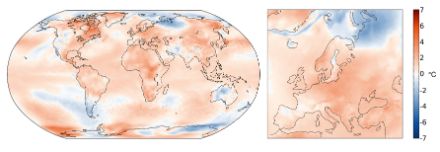 Fig. 4: Distribution mondiale et européenne des anomalies de température saisonnière (mars à mai) 2024. Il s’agit de l’écart (en °C) à la norme 1991‒2020