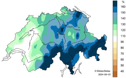 Fig. 5. Répartition spatiale des sommes de précipitations au printemps 2024, en tant que pourcentage de la norme 1991‒2020. 