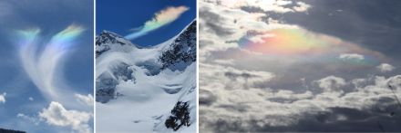 À gauche et au centre, un fragment d'arc circumhorizontal, à droite, un nuage irisé. Photos : M. Knöpfel, T. Riesen, D. Gerstgrasser