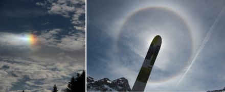 Le parhélie (à gauche) et l'anneau de 22° autour du Soleil (à droite) sont les deux types de halos les plus courants. Les photos : D. Gerstgrasser