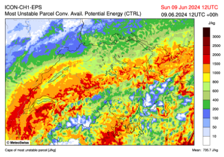 Convective available potential energy (CAPE, qui mesure l’instabilité de l’atmosphère) dimanche 9 juin à 14 h locale selon l’analyse du membre de contrôle du modèle ICON-CH1-EPS. 
