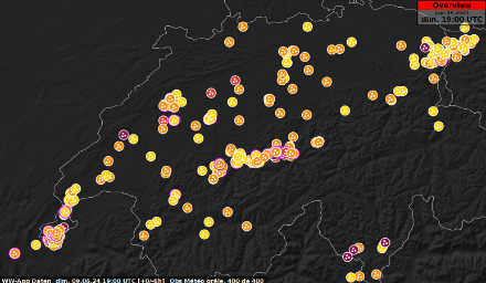 Observations de grêle saisies dans l’App MétéoSuisse dimanche 9 juin entre 15 h et 21 h locale. 