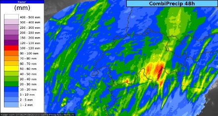 Estimation des pluies tombées ces dernières 48h avec l'outil CombiPrecip qui combine les données radar avec celles des pluviomètres automatiques des stations au sol. Source : MétéoSuisse