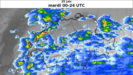 Somme de précipitations prévues sur la journée du mardi 25 juin par le modèle ICON-2-CTRL. Source : MétéoSuisse