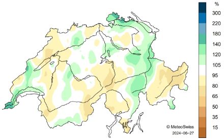 Carte de la Suisse sur la répartition des précipitations en juin.