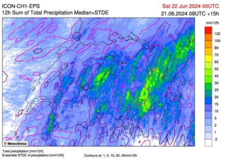 Quantités de précipitations attendues en 12h d'ici 2h du matin samedi 22 juin. Médiane des quantités prévues par les 11 membres de l'ensemble ICON-1E