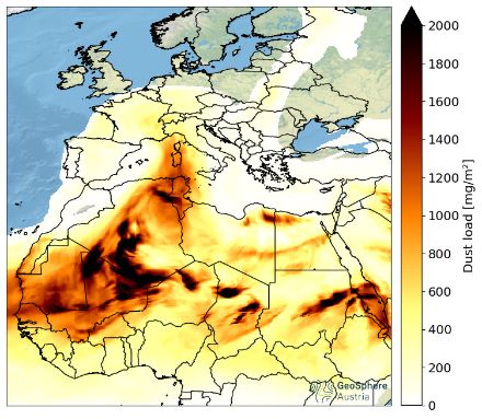 Concentration de poussières sahariennes sur toute la colonne d’atmosphère prévue samedi 29 juin vers 14h par le modèle du ZAMG (service météorologique autrichien). Des valeurs de l’ordre de 500 mg/m2 ont déjà un impact sur le rayonnement solaire et la formation des nuages.