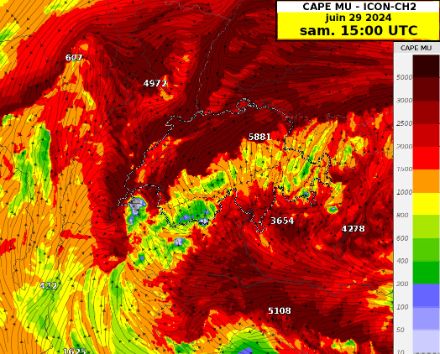 MUCAPE (en anglais, Most Unstable Convective Available Potential Energy), ou énergie disponible pour la convection, prévue par le run déterministe du modèle ICON-2 samedi 26 juin 2024 à 15UTC (17h locales).