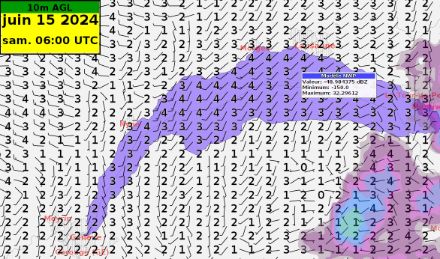 Samedi avant le départ de la course : encore agité. En couleur, les zones de précipitations du front froid qui s'éloigne vers l'est. Vent en Beaufort (bf).