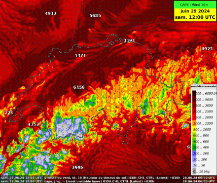 MUCAPE (en anglais, Most Unstable Convective Available Potential Energy), ou énergie disponible pour la convection, prévue par le run déterministe du modèle ICON-1 samedi 29 juin 2024 à 15UTC (14h locales).