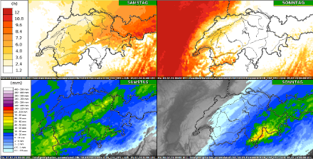 "Résumé météorologique" de notre nouveau modèle ICON-2E : à gauche samedi, à droite dimanche, en haut l’ensoleillement, en bas les précipitations (médiane, donc les "pics" de précipitations liés aux orages sont lissés). 