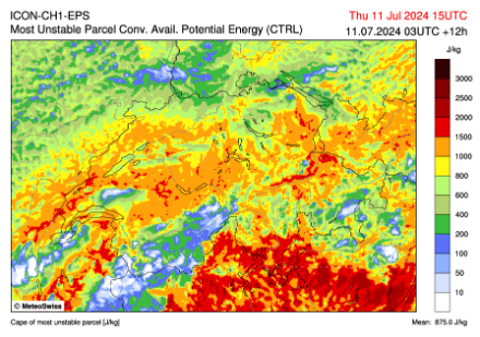 Les valeurs d'énergie convective disponible CAPE seront nettement plus élevées au sud des Alpes. A noter que lors de cet épisode orageux, les poussières du Sahara ne devraient pas  être de la partie.