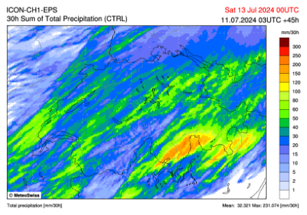 Cumuls de précipitations projetés par ICON-CH1 sur 30 heures. Le sud des Alpes semble à nouveau sous le feu des orages.