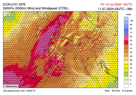 Champ de vent à 500 hPa (env. 5500 mètres d'altitude). Ces forts vents en altitude impliquent un fort cisaillement de vitesse de vent entre les basses couches et la moyenne troposphère ce qui devrait favoriser l'organisation des orages en supercellules et échos en arc.