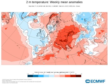 Carte d'anomalie de température moyenne (en °C) du 15 au 22 juillet 2024. Les 