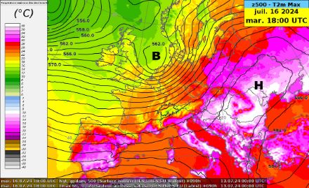 Carte de la hauteur du géopotentiel à 500 hPa (contours noirs, en décamètres, =pression vers 5800 m) et température maximale (couleurs, en °C) prévues le mardi 16 juillet 2024.