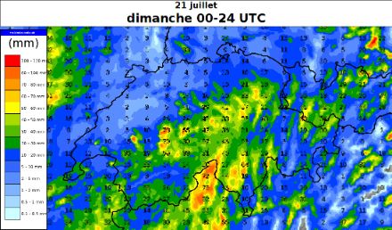 Carte des cumuls de précipitations (en mm) en 24 heures pour le dimanche 21 juillet 2024. Modèle ICON-CH2 Contrôle.