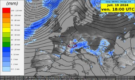 Carte dui géopotentiel à 500 hPa (contours noirs, en décamètres) et cumuls de précipitations sur 6 heures (couleurs, en millimètres) pour le vendredi 19 juillet 2024 18 h UTC. H = haute pression. B = basse pression. Modèle IFS-HRES.