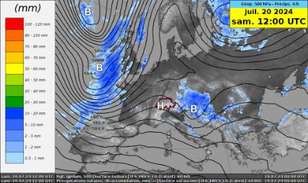 Carte du géopotentiel à 500 hPa (contours noirs, en décamètres) et cumuls de précipitations sur 6 heures (couleurs, en millimètres) pour le samedi 20 juillet 2024 12 h UTC. H = haute pression. B = basse pression. Modèle IFS-HRES.