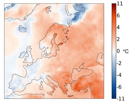 Répartition spatiale de la température en juin 2024 en Europe. L’écart (en °C) à la norme 1991-2020 est représenté. 