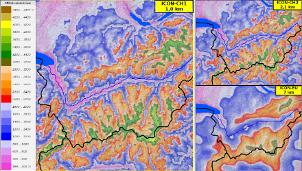 Figure 1 : Orographie des modèles ICON-CH1-EPS, ICON-CH2-EPS et ICON-EU sur le Valais. (Source : MétéoSuisse)