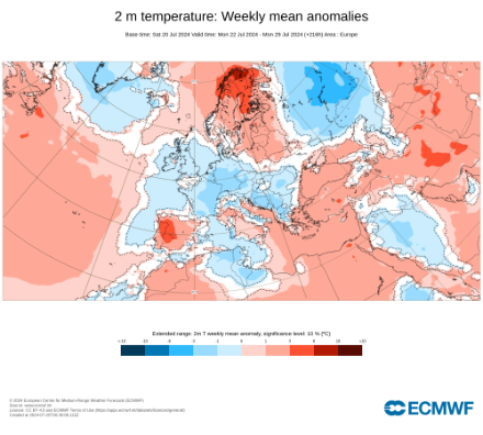 Anomalie de température prévue du 22 au 29 juillet.