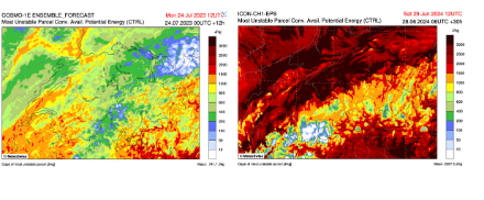 Energie de convection maximale disponible, en J/Kg. A gauche, le 24 juillet 2023 (tornade de la Chaux-de-Fonds) ; à droite, 29 juin 2024. Source : COSMO1 (à gauche) et ICON1, MétéoSuisse