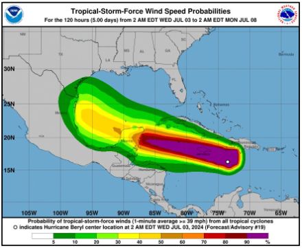 Probabilité que les vents moyens atteignent le seuil d'une tempête tropicale (39 mph ou 70 km/h). Le petit cercle indique la position de l'ouragan Beryl le 3 juillet 2024 à 02 h UTC.