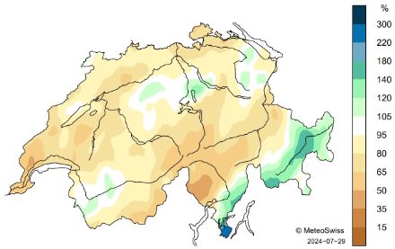 Carte de la Suisse avec la répartition des précipitations en juillet 2024.