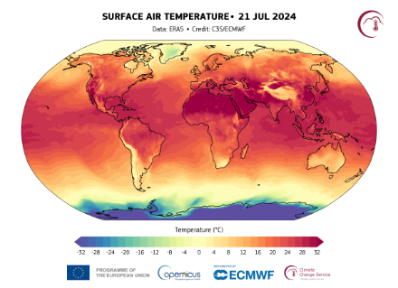 Figure 3 : température moyenne journalière de l’air proche de la surface le 21 juillet 2024. Source : ERA5, crédit C3S/ECMWF.