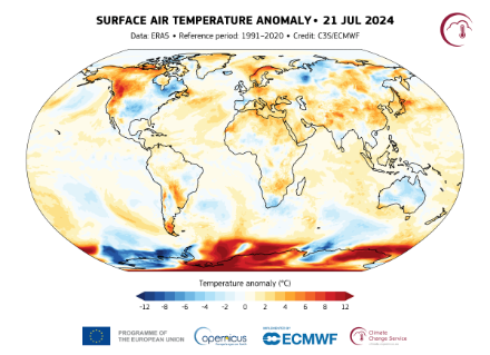 Figure 2 : anomalie de la température moyenne journalière de l’air proche de la surface le 21 juillet 2024. Source : ERA5, crédit C3S/ECMWF.