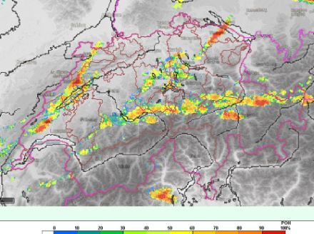 Probabilité de grêle ayant touché le sol (%). Estimation faite sur la base des données radar (altitude des échos les plus intenses) et de l'altitude de l'isotherme 0 °C