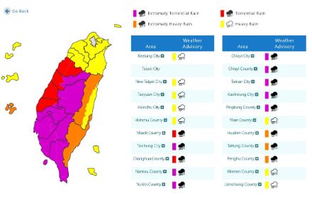 Carte des alertes actives le 25.07 à 17h15 heure locale à Taiwan. Les seuils définissant une pluie torrentielle (Torrential Rain) et une pluie torrentielle extrême (Extremely Torrential Rain) sont respectivement 350 mm et 500 mm en 24 heures. 