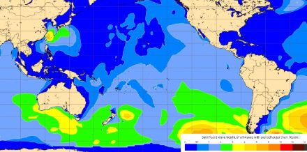 Hauteur moyenne (hauteur en mètres entre le creux et le sommet de la vague) des plus grandes vagues prévue le 24.07 à 18UTC sur tout le Pacifique par le modèle ECWAM (ECMWF Ocean Wave Model) couplé au run à haute résolution (HRES) de l’IFS et au modèle océanique (NEMO). 