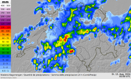 Quantités de précipitations en 24 heures, dérivées de données radar, du lundi 11 août à 7h au mardi 12 août à 12h.